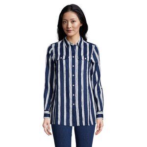 Lands End Linen Tunic Shirt Dark Blue Navy and White Stripes size S Petite 6P 8P